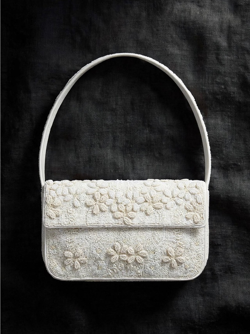 STAUD TOMMY BEADED BAG GARDEN PARTY Elegant White Beaded Floral Shoulder Bag